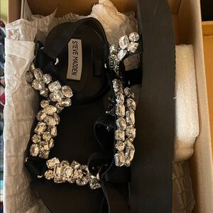 Steve Madden Black Jeweled Platform Sandals with Clear Crystals